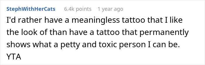 Text comment saying a tattoo shows a petty and toxic person, with the commenter calling the parent toxic.