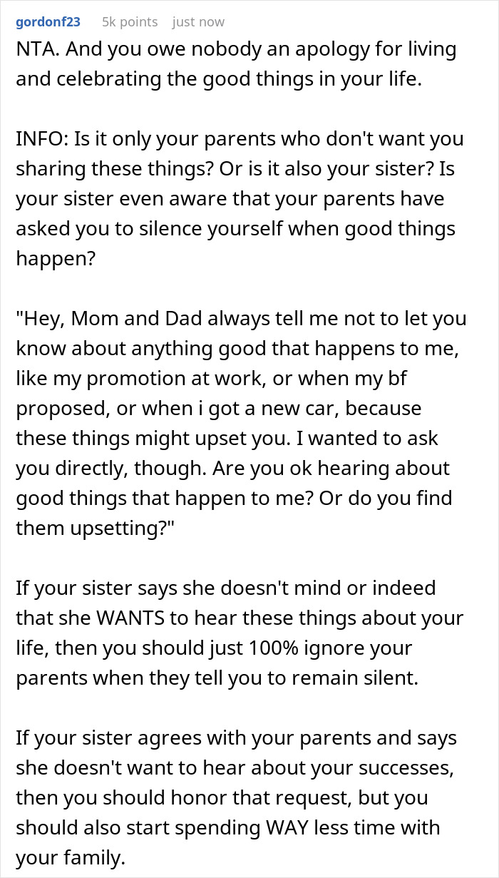 "AITA For What I Said? My Family Won’t Let Me Share Any Good News Because Of My Sister's Disability" "AITA For What I Said? My Family Won’t Let Me Share Any Good News Because Of My Sister's Disability"