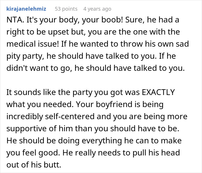 BF Demands GF Apologize For Having A 'Boob Voyage' Party BF Demands GF Apologize For Having A 'Boob Voyage' Party