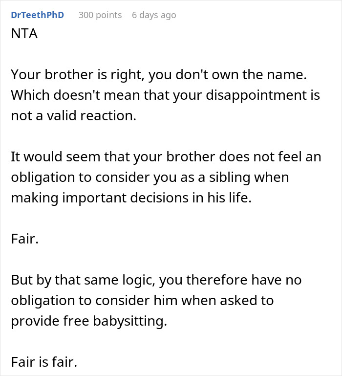 "[Am I The Jerk] For Walking Out Of The Room After My Brother Told Me The Name Of His Baby?"