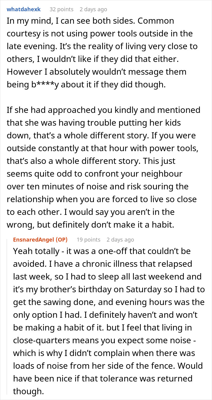 Woman Asks Neighbor To Not Use Her Power Tools After 8PM As It’s Her Kids’ Bedtime, She Refuses Woman Asks Neighbor To Not Use Her Power Tools After 8PM As It’s Her Kids’ Bedtime, She Refuses