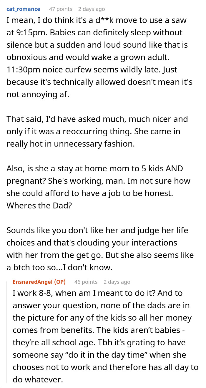 Woman Asks Neighbor To Not Use Her Power Tools After 8PM As It’s Her Kids’ Bedtime, She Refuses Woman Asks Neighbor To Not Use Her Power Tools After 8PM As It’s Her Kids’ Bedtime, She Refuses