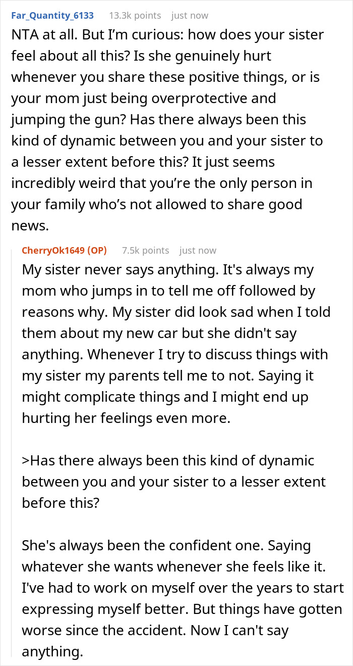 "AITA For What I Said? My Family Won’t Let Me Share Any Good News Because Of My Sister's Disability" "AITA For What I Said? My Family Won’t Let Me Share Any Good News Because Of My Sister's Disability"