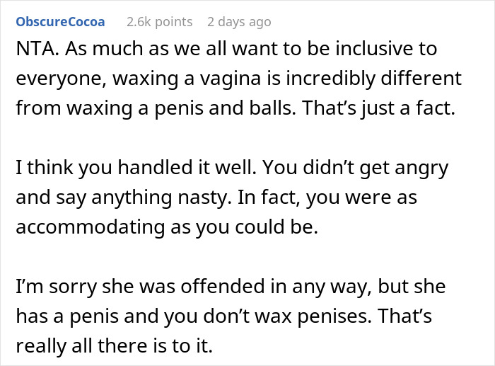 "Am I The Jerk For Refusing To Wax A Trans Woman Because I Didn't Want To Touch Male Genitalia?"