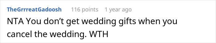 "AITA For Canceling A Wedding Gift When The Wedding Was Canceled?" "AITA For Canceling A Wedding Gift When The Wedding Was Canceled?"