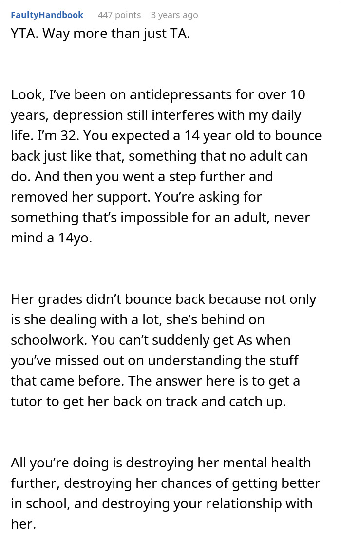"AITA For Cancelling My Daughter's Therapy Because She Has Bad Grades?"