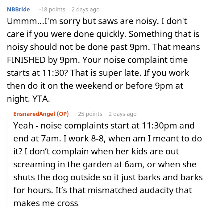 Woman Asks Neighbor To Not Use Her Power Tools After 8PM As It’s Her Kids’ Bedtime, She Refuses Woman Asks Neighbor To Not Use Her Power Tools After 8PM As It’s Her Kids’ Bedtime, She Refuses