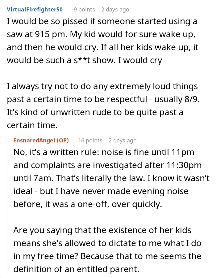 Woman Asks Neighbor To Not Use Her Power Tools After 8PM As It’s Her Kids’ Bedtime, She Refuses Woman Asks Neighbor To Not Use Her Power Tools After 8PM As It’s Her Kids’ Bedtime, She Refuses
