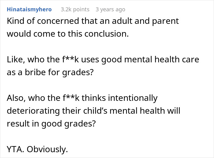 "AITA For Cancelling My Daughter's Therapy Because She Has Bad Grades?"