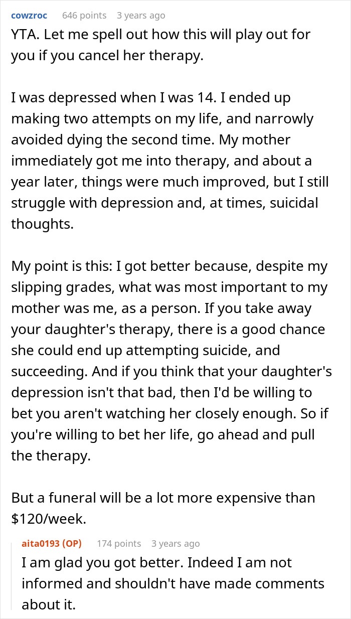 "AITA For Cancelling My Daughter's Therapy Because She Has Bad Grades?"