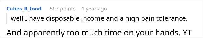 "Reddit comment thread discussing disposable income and time, related to a parent copying son's tattoo.