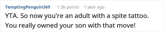 Comment on Reddit calling a parent a jerk for copying their son's tattoo to prove a point.