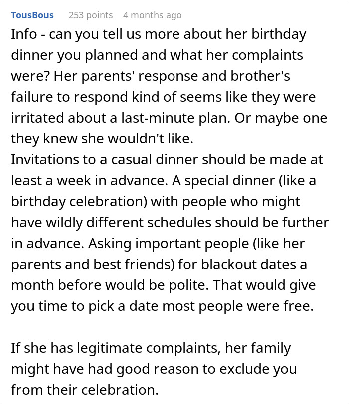 Man Furious After In-Laws Exclude Him From Wife's Secret Birthday Dinner, She Defends Them Man Furious After In-Laws Exclude Him From Wife's Secret Birthday Dinner, She Defends Them