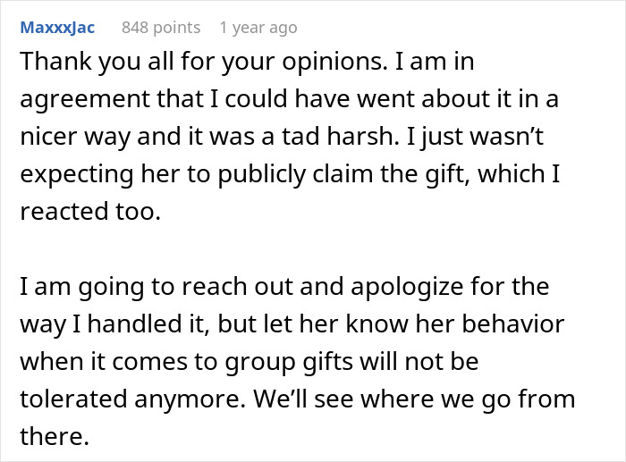 Woman Gets Publicly Called Out For Taking Credit For A Gift She Avoided Contributing To, Gets Upset Woman Gets Publicly Called Out For Taking Credit For A Gift She Avoided Contributing To, Gets Upset