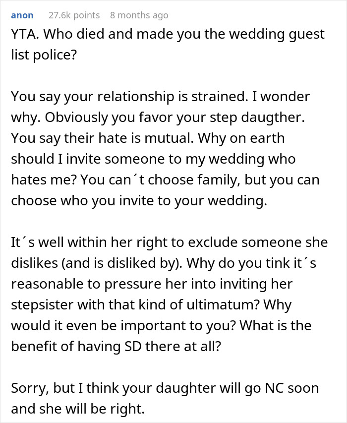 Bride Won't Invite Stepsis To Her Wedding As She’s Not Family, Mom Says Then She’s Not Family Either Bride Won't Invite Stepsis To Her Wedding As She’s Not Family, Mom Says Then She’s Not Family Either