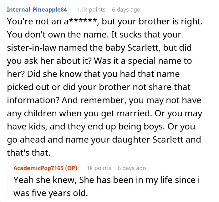 "[Am I The Jerk] For Walking Out Of The Room After My Brother Told Me The Name Of His Baby?"