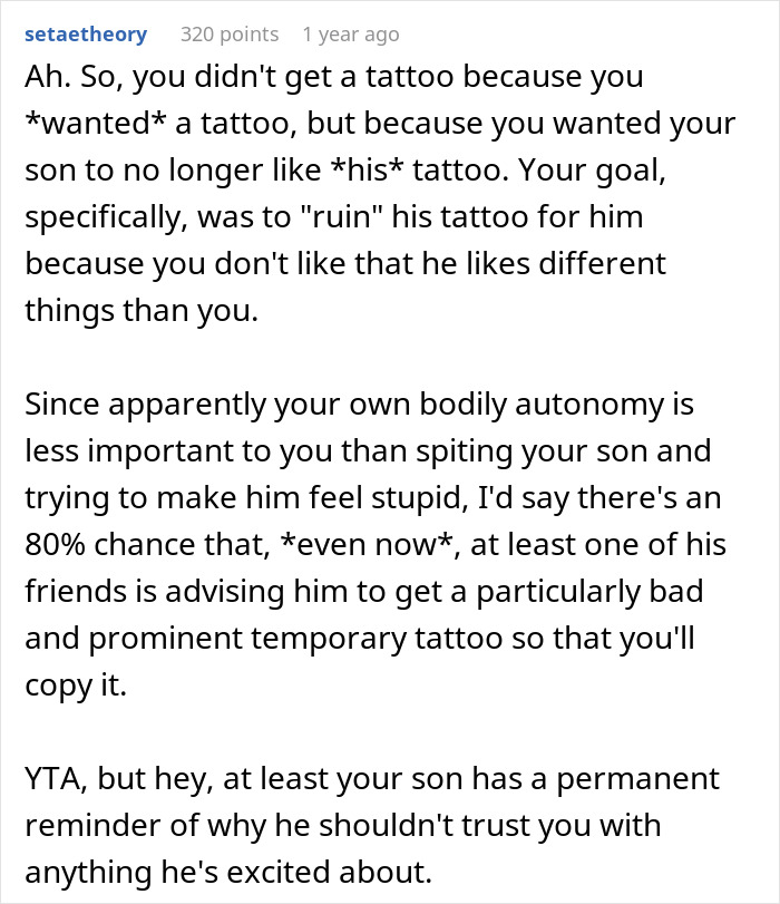 Screenshot of a Reddit comment criticizing a parent for copying a 19-year-old son's tattoo.