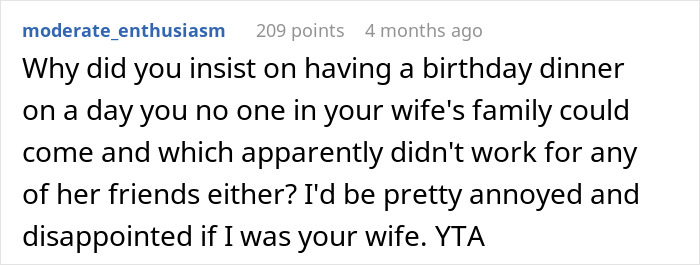 Man Furious After In-Laws Exclude Him From Wife's Secret Birthday Dinner, She Defends Them Man Furious After In-Laws Exclude Him From Wife's Secret Birthday Dinner, She Defends Them
