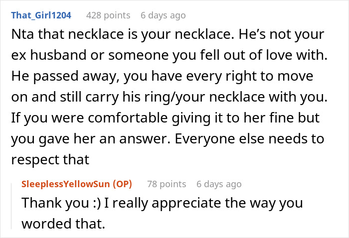 Widow Loves Wearing Her Necklace Made From Her Late Husband’s Wedding Band, SIL Wants It Widow Loves Wearing Her Necklace Made From Her Late Husband’s Wedding Band, SIL Wants It