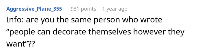 Comment questioning a person's stance on self-expression with tattoos, asking about prior statement.