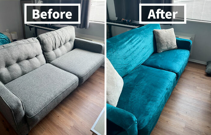 Before and after easy home transformation showing a grey sofa changed to a vibrant teal couch in a living room.
