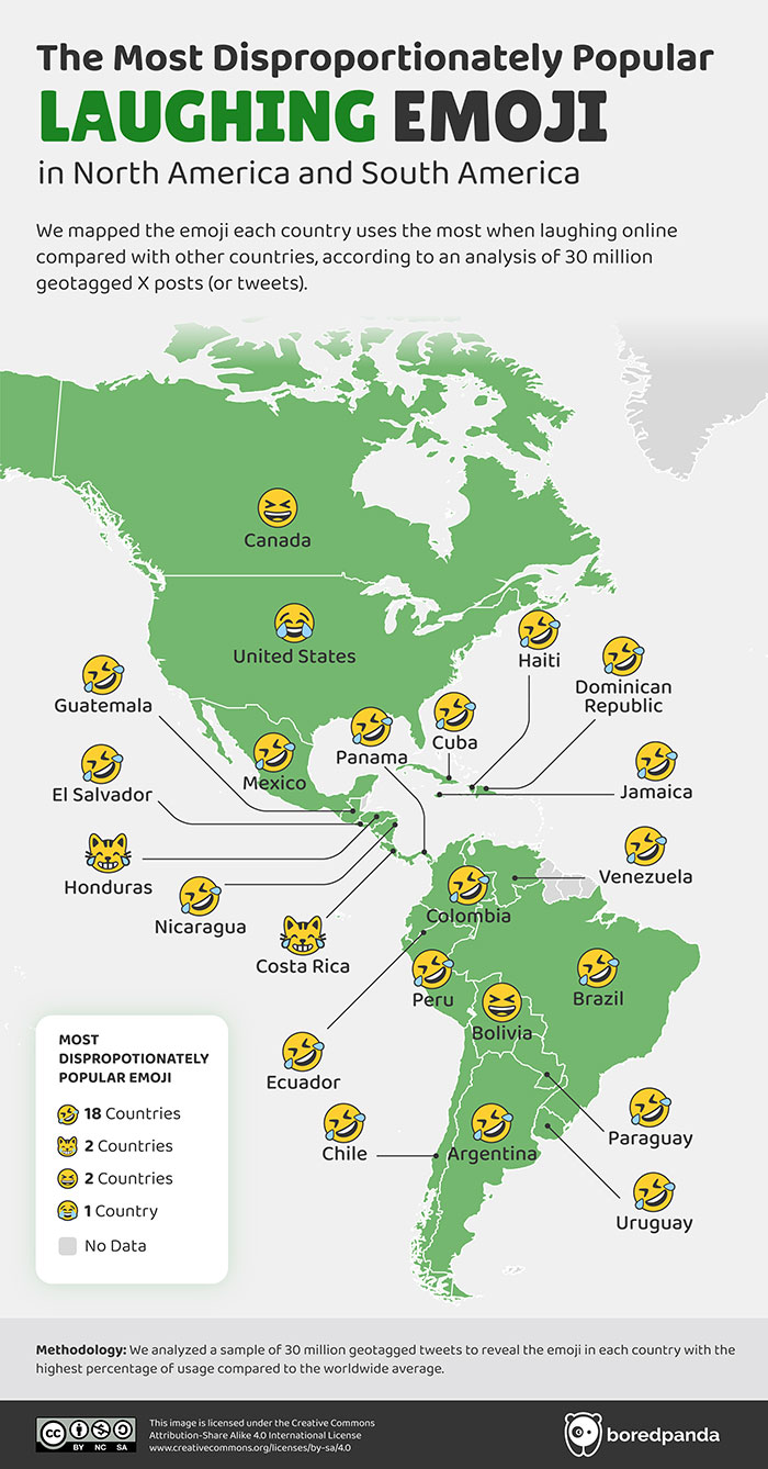 Map showing the most disproportionately popular laughing emoji in North and South America from Bored Panda&rsquo;s infographic on happiest countries.