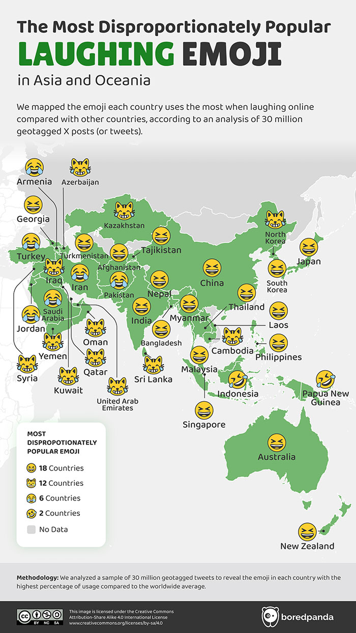 Map showing the most popular laughing emoji by country in Asia and Oceania from Bored Panda&rsquo;s infographic on happiest countries online.