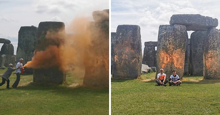 Stonehenge Spray-Painted Orange In Broad Daylight As Onlookers Try To Hold Back Vandals