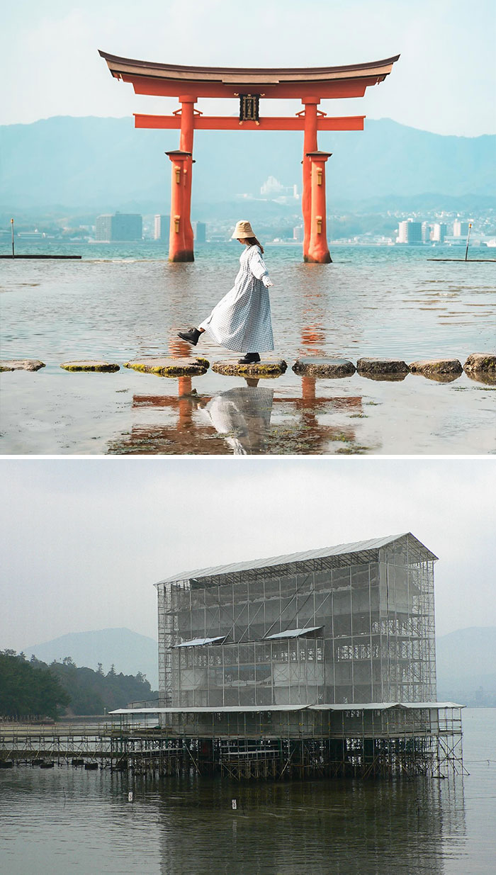 On The Topic Of Unfortunately Timed Maintenance In Japan, Here Is What The Floating Torii Gate At Miyajima Looked Like When I Was There Compared To What It Usually Looks Like