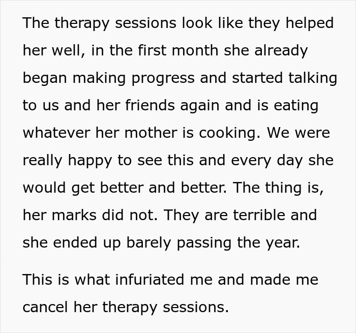 "AITA For Cancelling My Daughter's Therapy Because She Has Bad Grades?"