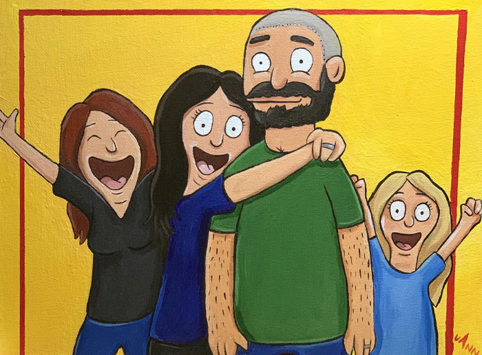 This Is Out Of My Comfort Zone Artistically, But My Mother Requested That For Father's Day I Paint A Bob's Burgers-Style Family Portrait. I Had A Lot Of Fun 