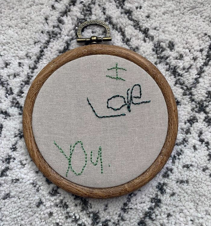 Father's Day- A Simple Mini Hoop With My 4-Year-Old's Handwriting Stitched To Go In My Husband's Cube At Work