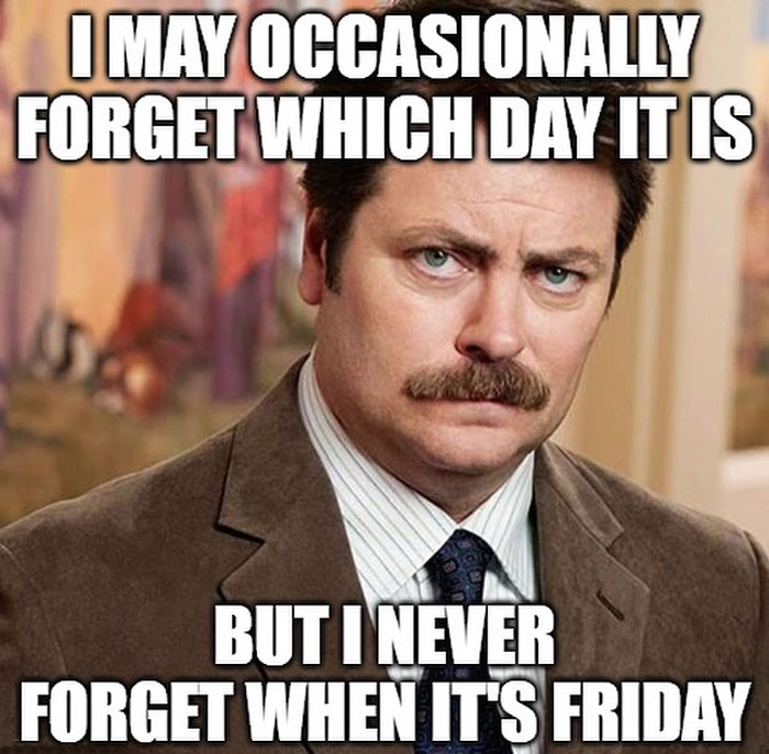 Man in a suit with mustache humorously expresses excitement for Friday, from a collection of Happy Friday memes.