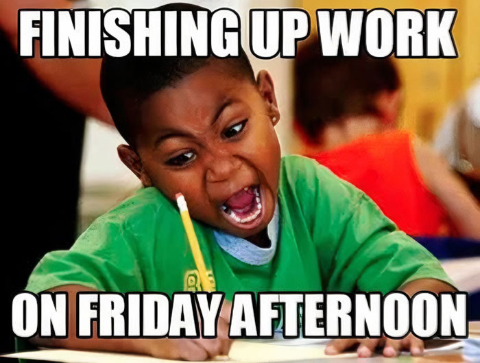 Child excitedly drawing with a pencil, illustrating a Happy Friday meme.