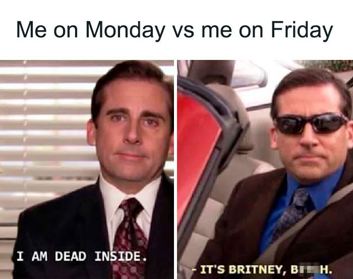 Split image of a tired man on Monday and a confident man on Friday, perfectly capturing the happy Friday meme vibe.