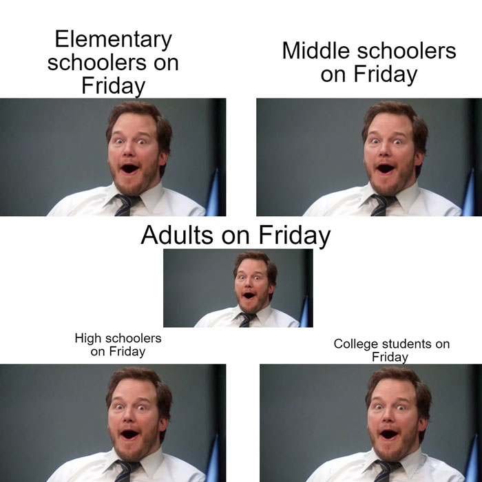 Funny meme of man expressing excitement for Friday across different age groups, illustrating happy Friday vibes.