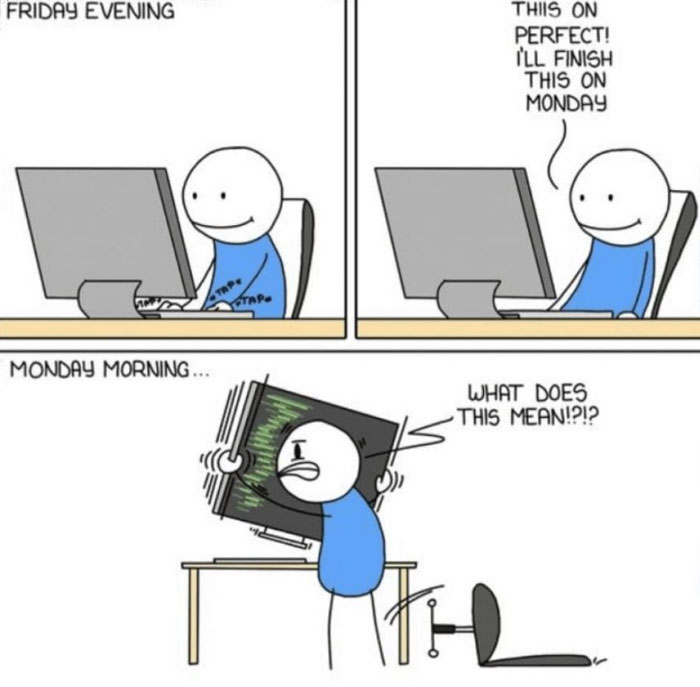 Cartoon of a person at a computer, feeling confident on Friday but confused on Monday. Happy Friday meme humor.