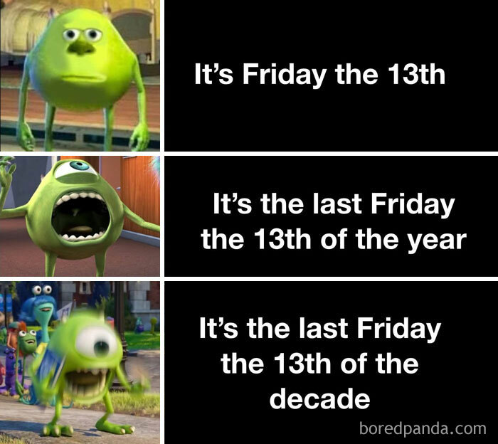 Animated characters reacting to Friday the 13th with various expressions, capturing Happy Friday memes theme.
