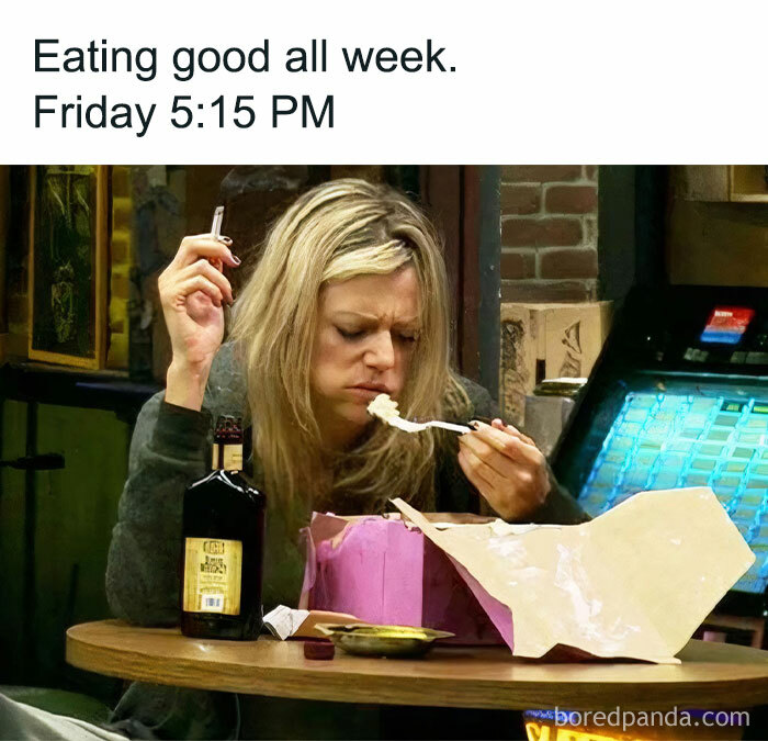 Blonde woman eating takeout on a Friday evening, surrounded by bottles, embodying a funny Happy Friday meme.