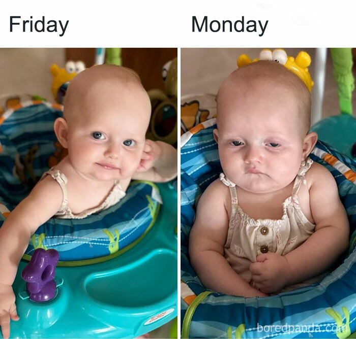 Baby in a playful seat looks happy on Friday, then tired on Monday, illustrating a humorous Friday meme.
