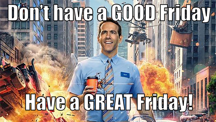 Happy Friday meme with a smiling man holding a coffee amidst an action-packed city scene.