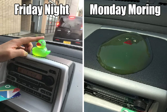 "Happy Friday meme showing a melted green duck toy on Monday morning in a car dashboard to symbolize weekend end."