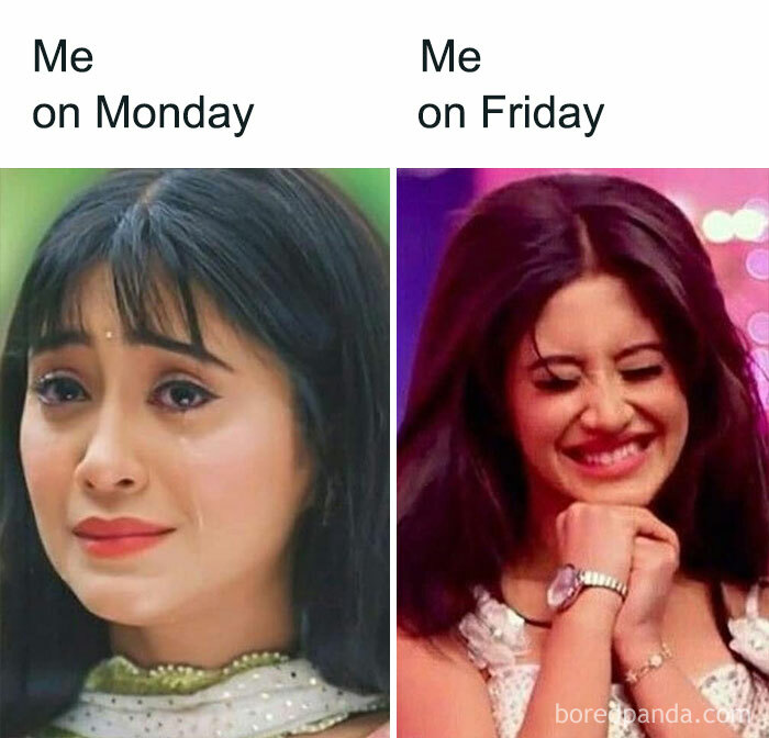 "Happy Friday meme showing a contrast between sad Monday and joyful Friday expressions."