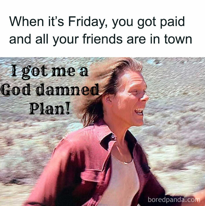 Happy Friday meme featuring a person running joyfully with text about having a plan for the weekend.