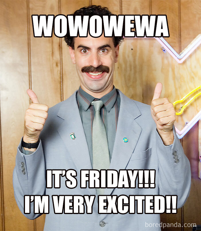 Man in suit giving thumbs up with "Wowowewa, it's Friday! I'm very excited!" text overlay. Happy Friday meme.