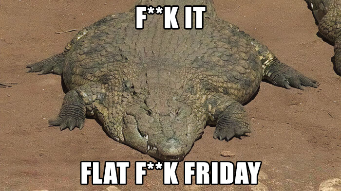 Crocodile lying flat with text overlay "F**k It, Flat F**k Friday," part of happy Friday memes.