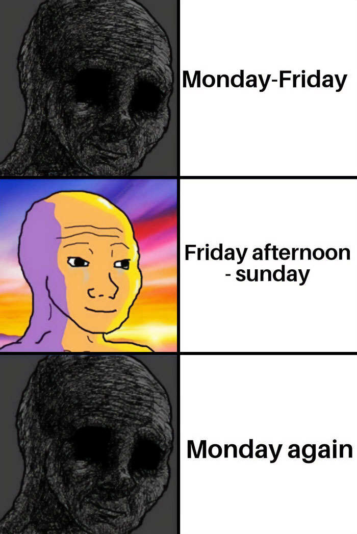 Happy Friday meme showing contrast between weekdays and weekend mood.