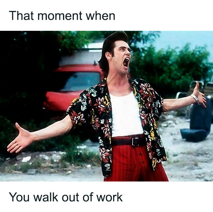 Man in colorful shirt celebrating, with text: "That moment when you walk out of work." Happy Friday memes for weekend.