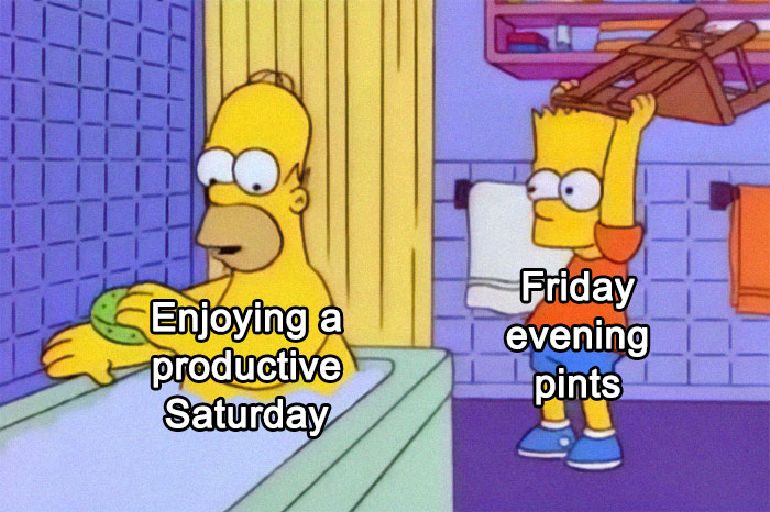 Cartoon characters in a bathroom with text about enjoying Saturday and Friday evening pints.