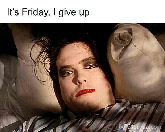 Person with makeup lying in bed, captioned "It's Friday, I give up," expressing a humorous weekend mood.